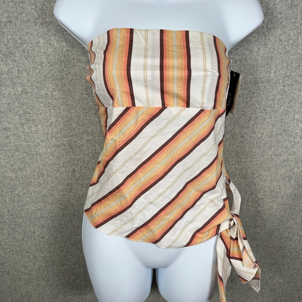 New Zinc XL Womens Top Strapless Striped 2000s Y2K USA Orange White Tie‎ Blouse